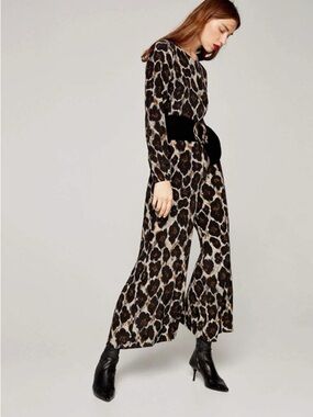 Uterqüe Leopard-Print Wide-Leg Jumpsuit in Black and Brown (Size Small)